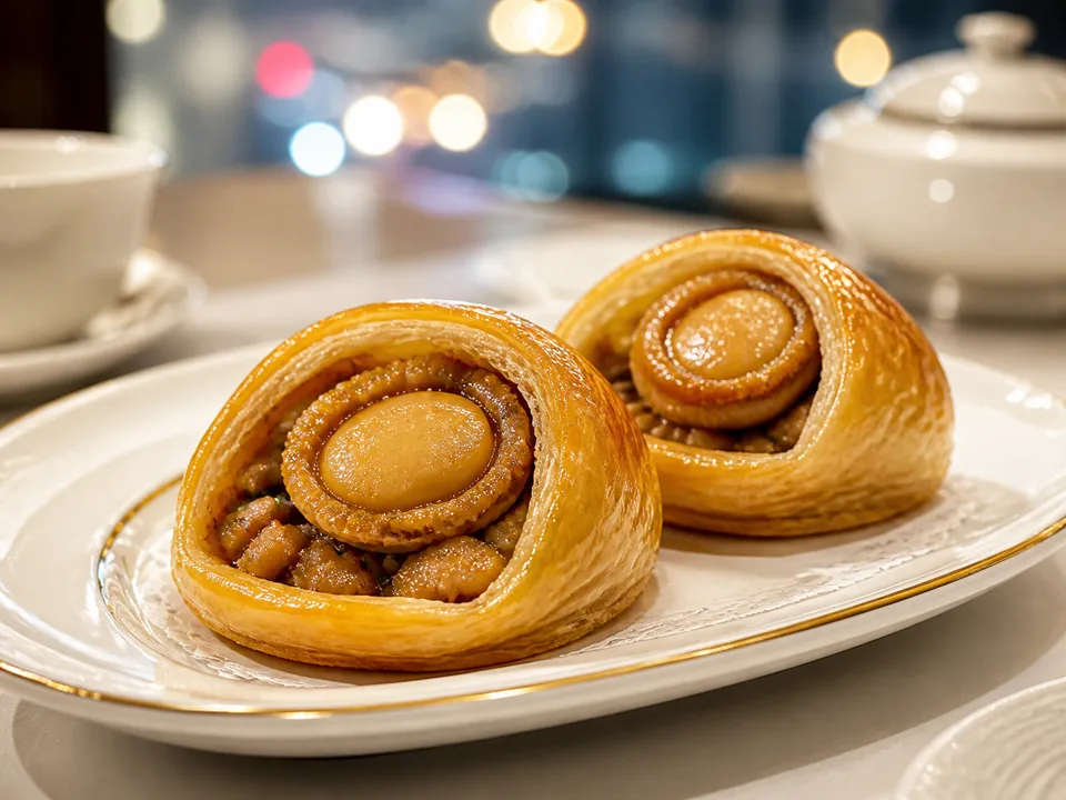 Baked Whole Abalone Puff with Diced Pork — signature food visual for Lung King Heen
